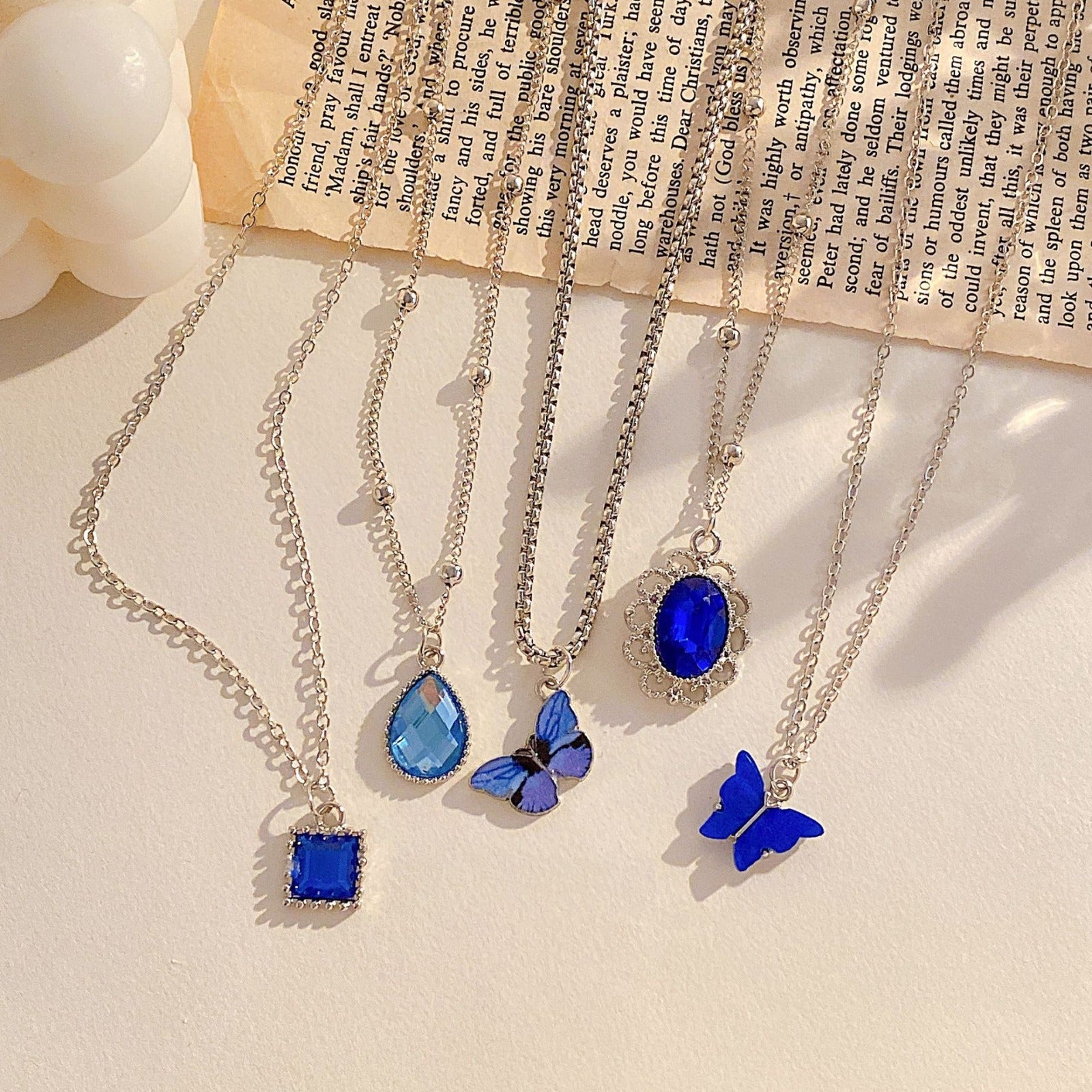 UNI-10596 - Navy Blue Gem & Butterfly - Necklace Set Of 5