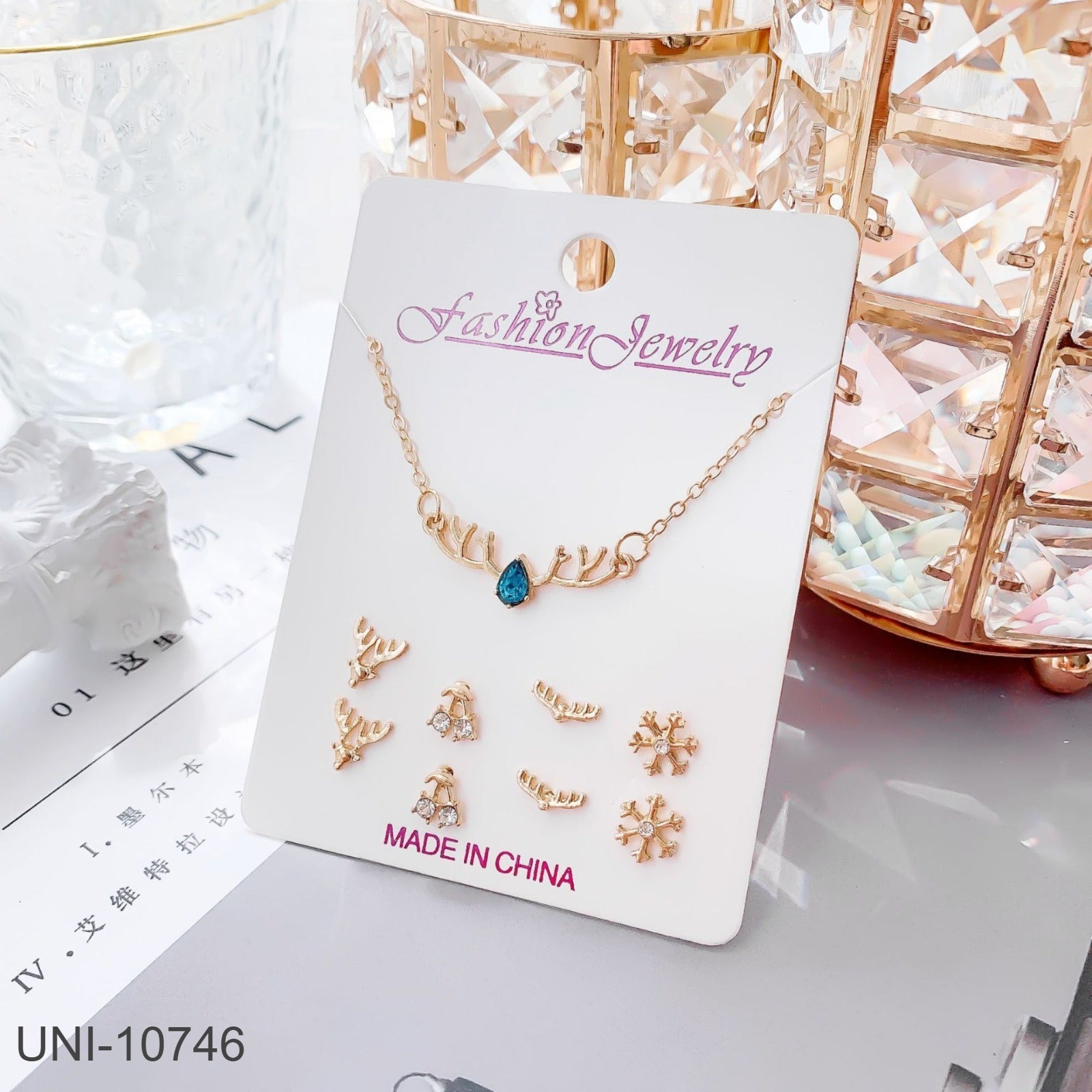 UNI-10746 - Blue Diamond Deer Gold - Jewelry Set