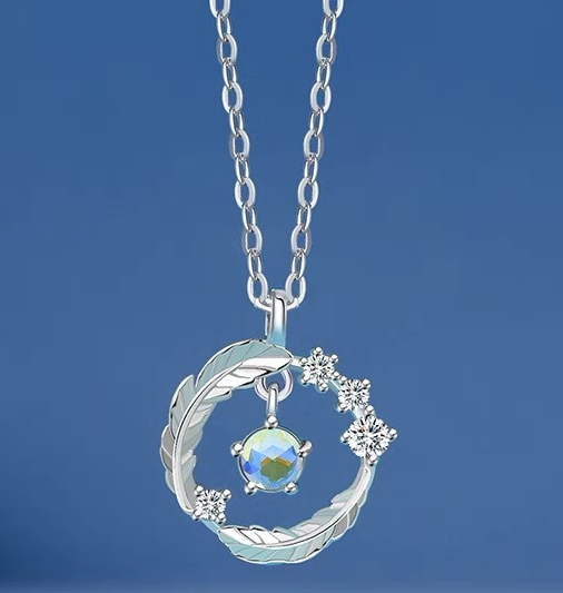 UNI-10285 - Blue Diamond Feather Circle - Necklace