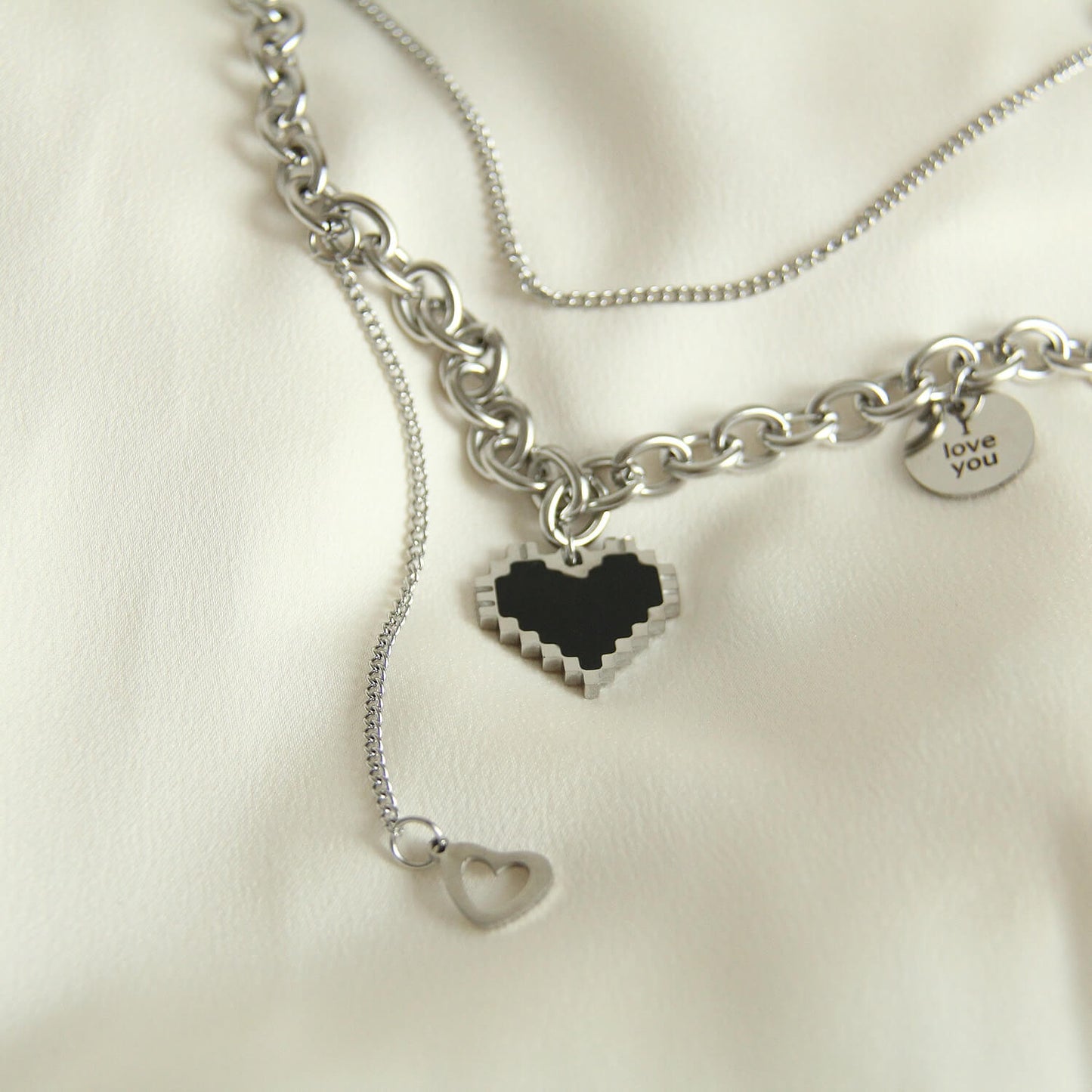 UNI-11963 -Black Heart Double Layer Chain - Necklace