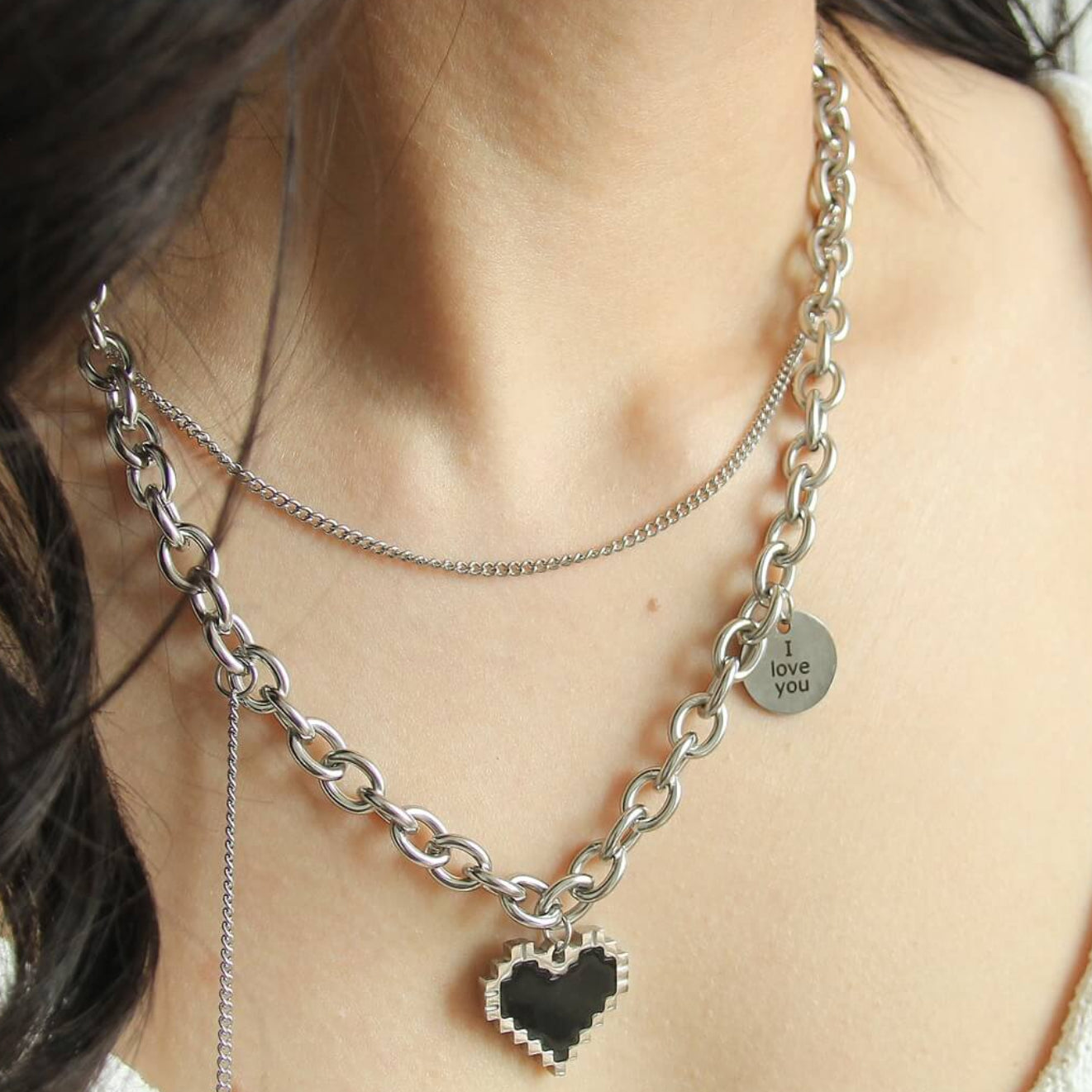UNI-11963 -Black Heart Double Layer Chain - Necklace